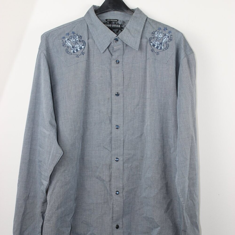 Indigo Star Blue Chambray Denim Rose and Cobra Snap Button Up Shirt Size XXL